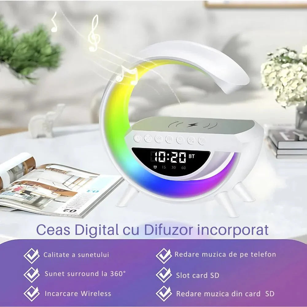 Boxa Multifunctionala G, Lampa LED RGB Smart,cu ceas, Boxa Bluetooth, Incarcator Telefon Wireless, Lumina RGB - Promagg.ro