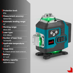 Nivelă Laser Profesională 4D cu 16 Linii Verzi – Precizie Ridicată și Autonivelare