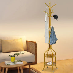 Cuier de Podea Metalic Auriu – 34 x 189 cm, cu Cârlige Multiple și 2 Rafturi de Depozitare