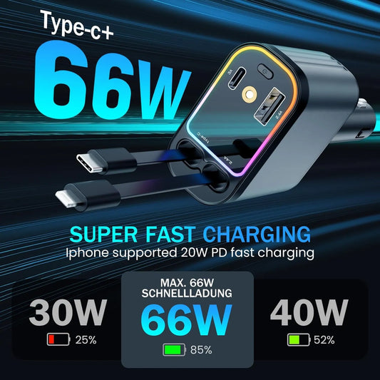 Încărcător Auto Retractabil 66W cu Starlight – Cablu USB-C + Cablu iPhone, Port USB și Port Tip-C