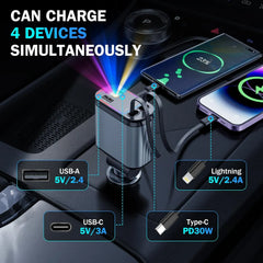 Încărcător Auto Retractabil 66W cu Starlight – Cablu USB-C + Cablu iPhone, Port USB și Port Tip-C