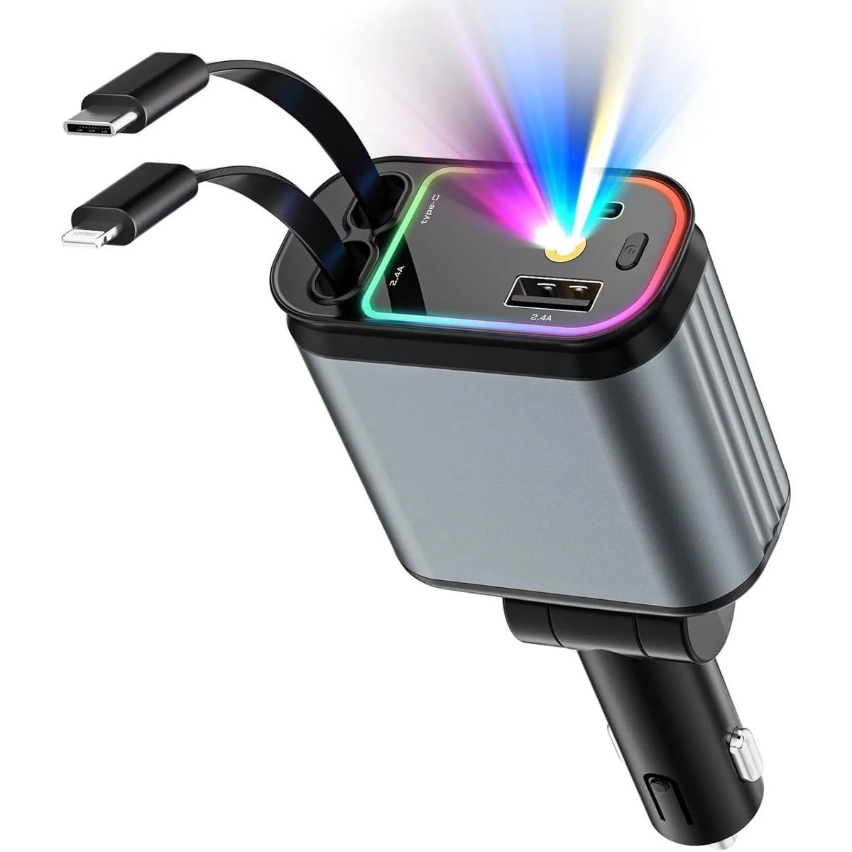 Încărcător Auto Retractabil 66W cu Starlight – Cablu USB-C + Cablu iPhone, Port USB și Port Tip-C