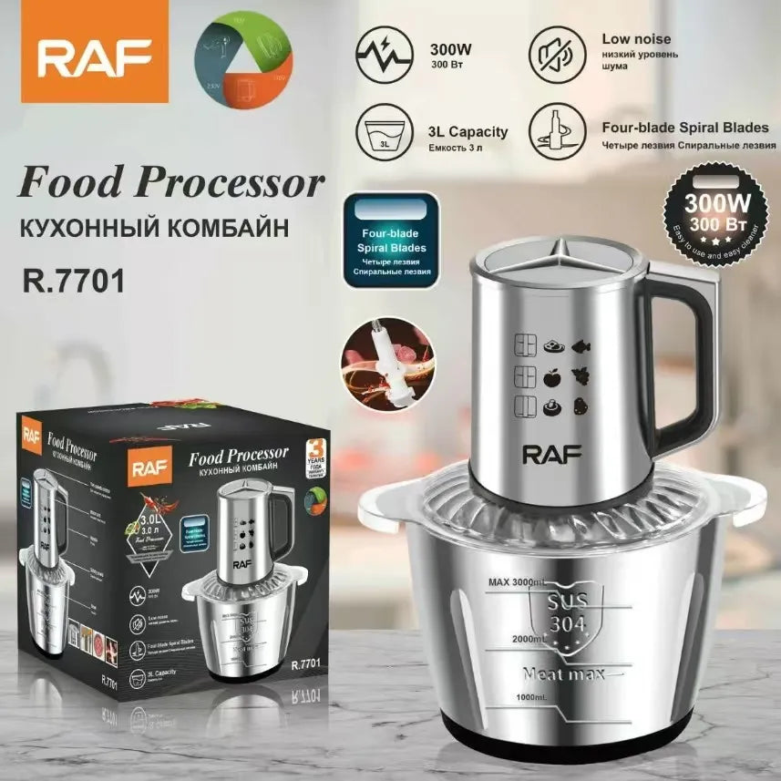 Tocător Electric Profesional RAF cu Bol Inox și 4 Lame Duble din Oțel Inoxidabil