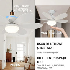 Ventilator Plafon LED 40W cu Telecomandă – 3 Viteze, Iluminare Reglabilă, Soclu E27
