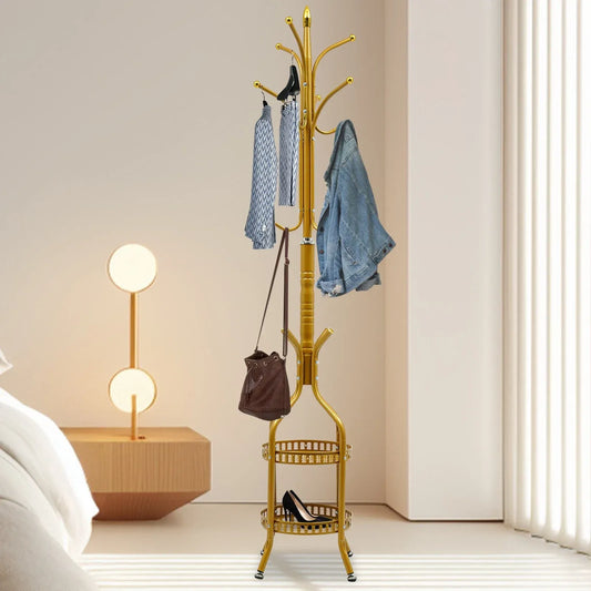 Cuier de Podea Metalic Auriu – 34 x 189 cm, cu Cârlige Multiple și 2 Rafturi de Depozitare
