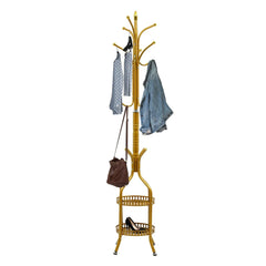 Cuier de Podea Metalic Auriu – 34 x 189 cm, cu Cârlige Multiple și 2 Rafturi de Depozitare