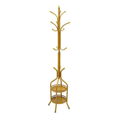 Cuier de Podea Metalic Auriu – 34 x 189 cm, cu Cârlige Multiple și 2 Rafturi de Depozitare